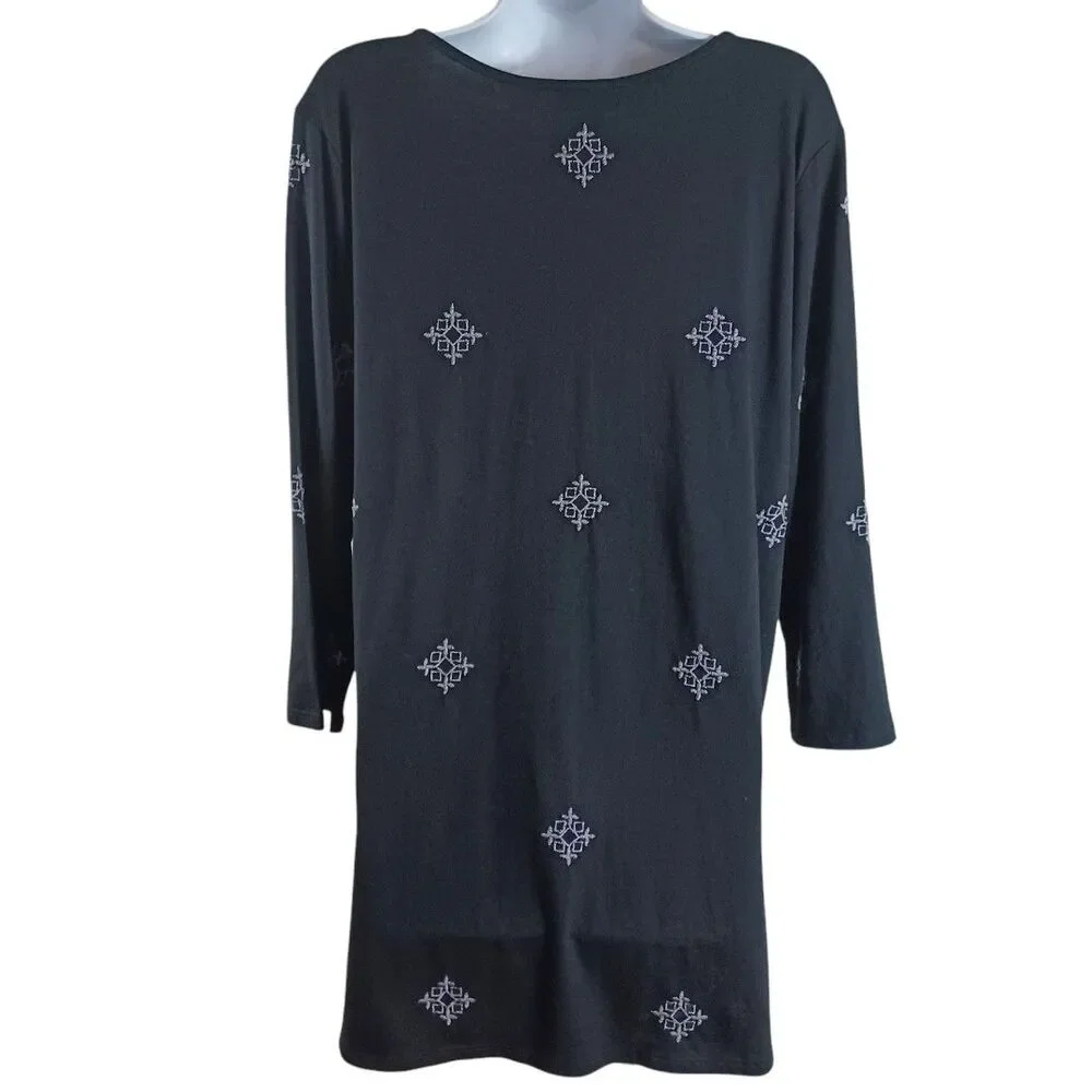 J. Jill Boho Embroidered Tunic Chic Top Sz M Black Boho V-Neck 3/4 Sleeve Cotton - Picture 6 of 9